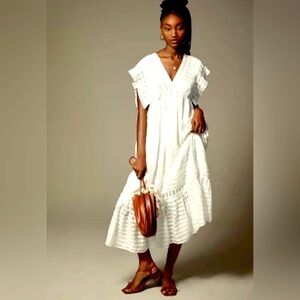 NWT - ANTHROPOLOGIE - White V-neck ruffled tiered baby doll dress w/pockets